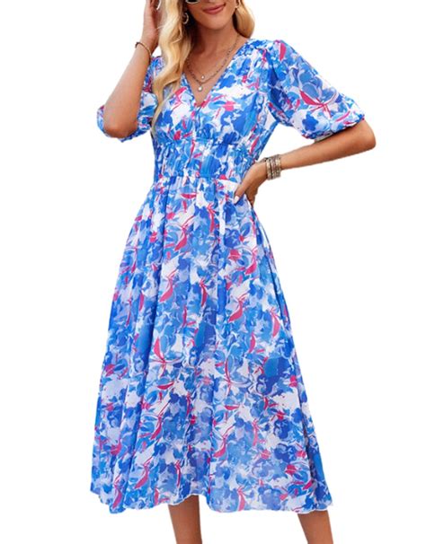 V Neck Summer Dress for Women Short Sleeve Casual Loose Boho Vintage ...