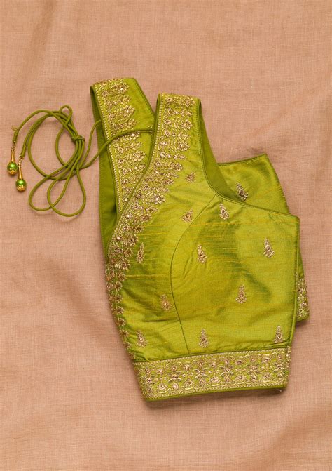 Buy Parrot Green Zariwork Raw Silk Blouse - Koskii