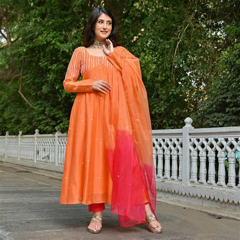 Narangi Orange Designer Chanderi Anarkali Suit Set for Women Online ...