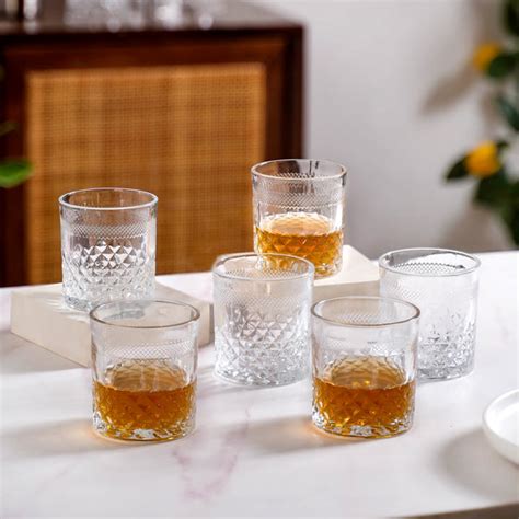 Premium Diamond Embossed Whiskey Tumbler Glass Set Of 6 230ml Online ...