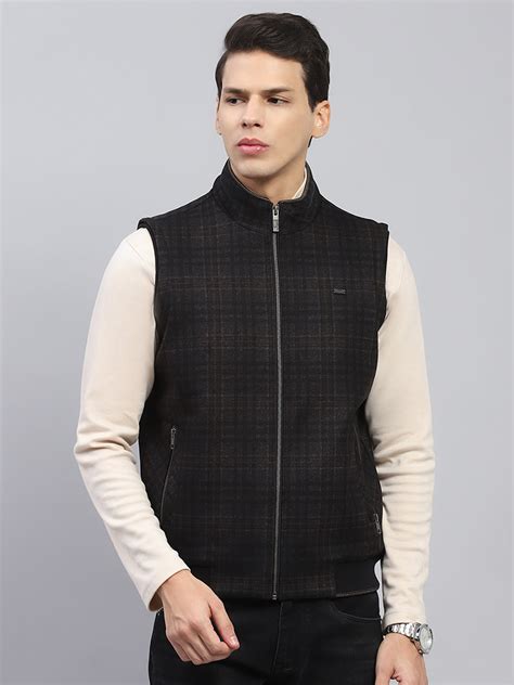 Buy Men Black Check Mock Neck Sleeveless Jacket Online in India - Monte ...