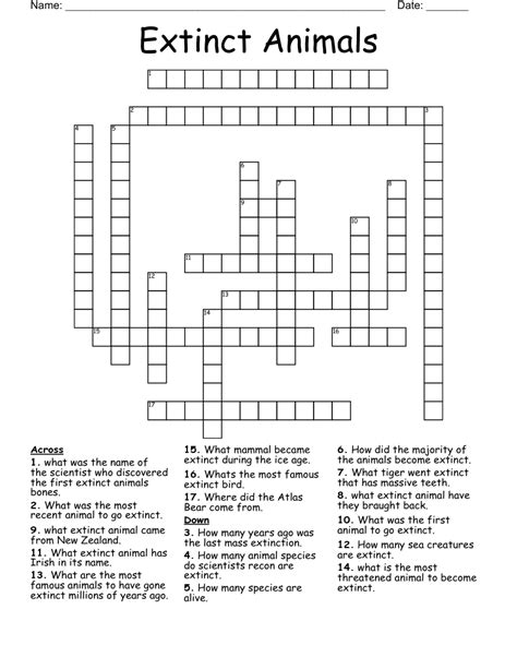 Extinct Animals Crossword - WordMint