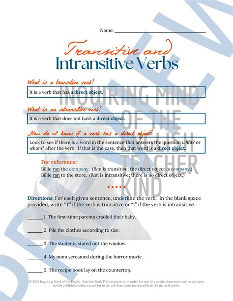 Grammar Review Worksheet on Transitive and Intransitive Verbs with ...