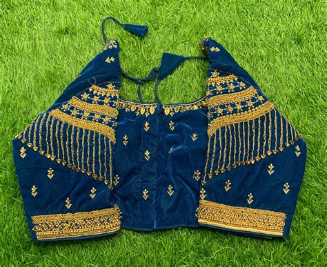 Rama blue velvet golden work heavy designer blouse – newblouseworld