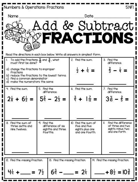 Image result for Adding and Subtracting Unlike Fractions Worksheet