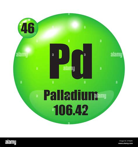 Palladium icon. Pd chemical element. Atomic number 46. Mass 106.42. Green sphere image. Vector ...