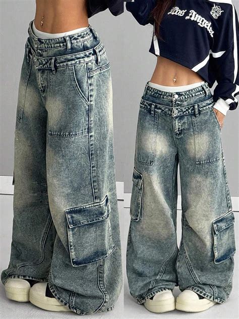 Coolane Women's Cargo Rapper Washed Grunge Jeans | SHEIN USA