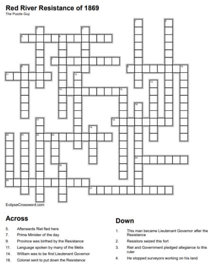Red River Resistance/Rebellion of 1869 Canadian history crossword