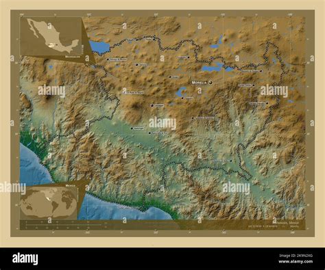 Michoacan, state of Mexico. Colored elevation map with lakes and rivers ...