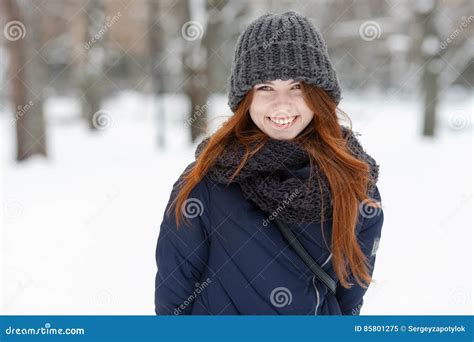 Closeup Beautiful Winter Portrait of Young Adorable Smiling Redhead ...