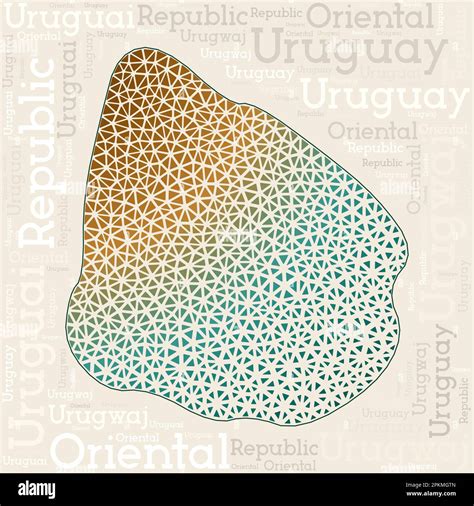 Uruguay map design. Country names in different languages and map shape with geometric low poly ...