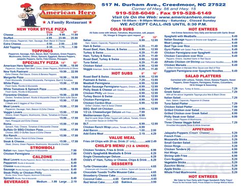 Menu for American Hero Pizza & Subs in Creedmoor, NC | Sirved