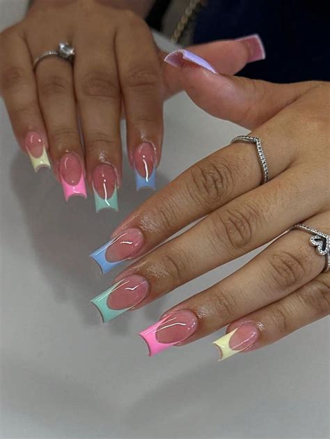 24 Pcs Long Square Press On Nails Spring Summer Macaron Color Green ...