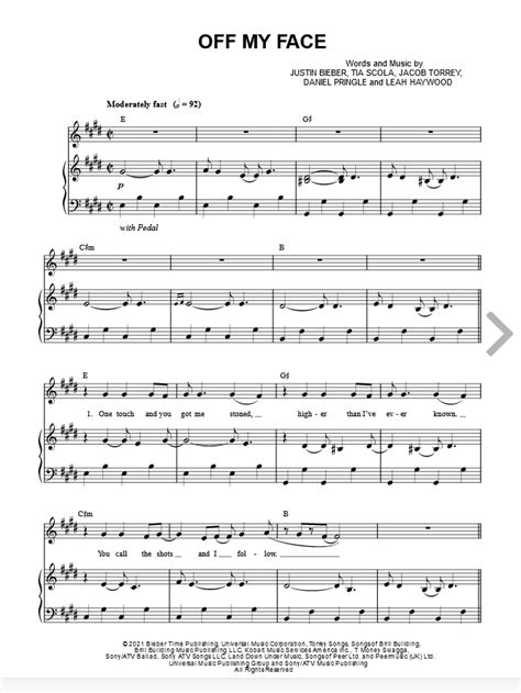Justin Bieber Off My Face Sheet Music in E Major - Download Print in ...
