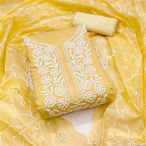 Yellow Chanderi Silk Dress Material With Exquisite Floral Thread Embro