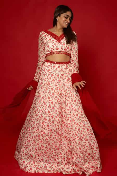 Buy White Organza Beads, Mirrors V-neck Lotus Vine Print Lehenga Set ...