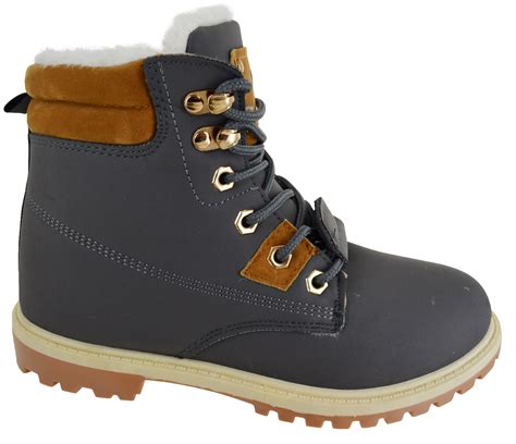 WOMENS LADIES FLAT FUR LINED GRIP SOLE WINTER ARMY COMBAT ANKLE BOOTS ...