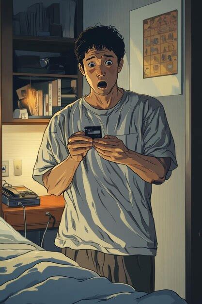 Middleaged japanese man standing by his bed clutching his credit card ...