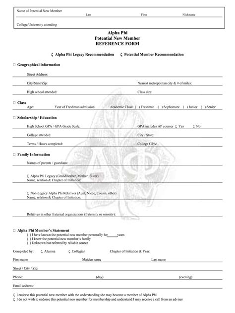 Alpha Phi Potential New Member Reference Form - Fill Online, Printable ...