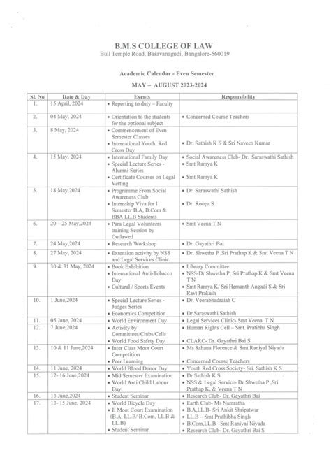 Academic Calendar Even Sem 2023-24 - B.M COLLEGE OF LAW Bull Temple ...