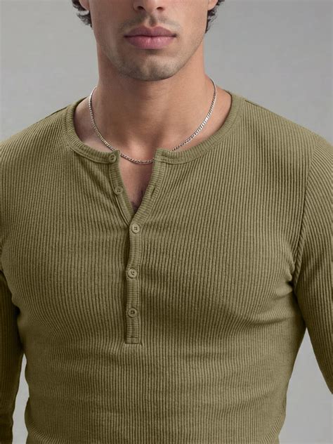 Olive Ribbed Henley Longsleeves Tshirt | Buy Mens Tshirt | Fugazee ...