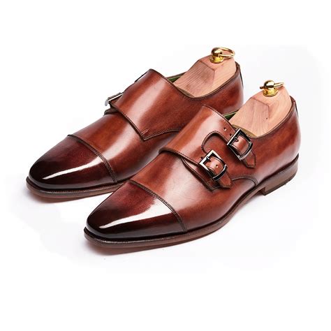 Tan Leather Patina Finish Double Monk Strap Shoes for Men | French ...