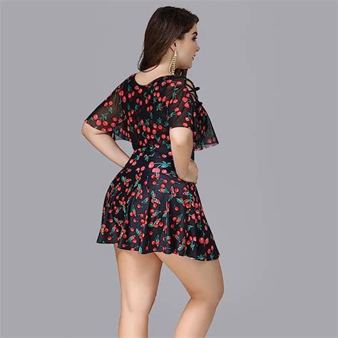 Plus Size Crisscross Flutter Sleeves Cherry Print Swimdress – Plus Curvves