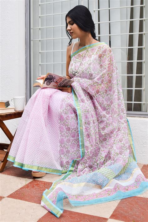 Teejh Udipti Pink Block Print Kota Saree With Blouse Piece
