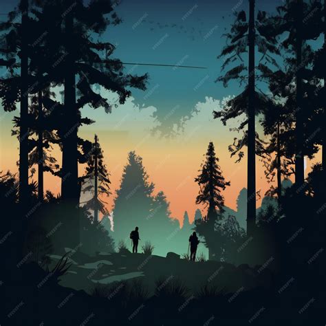 Premium Photo | Forest silhouette illustration people camping nature ...