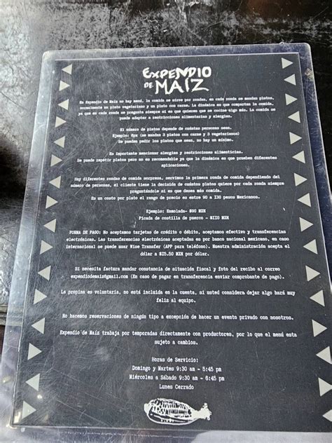 Menu at Expendio de Maiz Sin Nombre restaurant, Mexico City