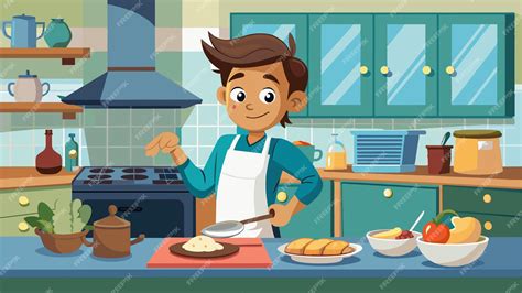 Premium Vector | A cartoon boy cooking in a kitchen with a cookbook on ...