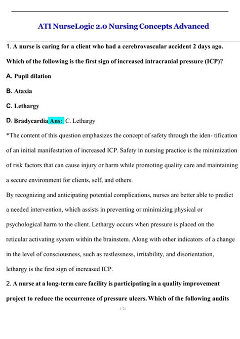 ATI: Nurse Logic 2.0: Nursing Concepts (Advance Test) Questions And ...