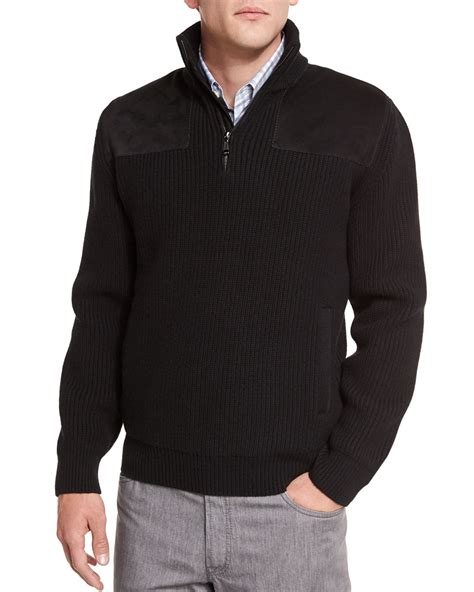 Brioni Half-zip Pullover Sweater With Suede Trim in Black for Men - Lyst