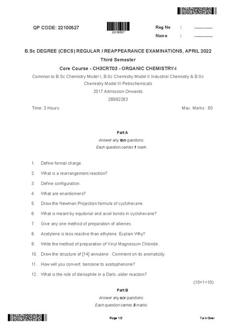 Organic chemistry 1 - Questions papers - QP CODE: 22100527 Reg No