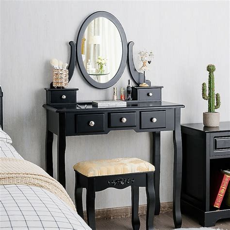 Costway Vanity Table Dressing Table 5 Make Up Table Stool Black in the ...