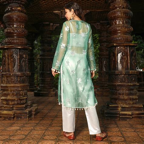 Qissa Women's Jade Green Maple Leaf Kurta With Crop And Trousers