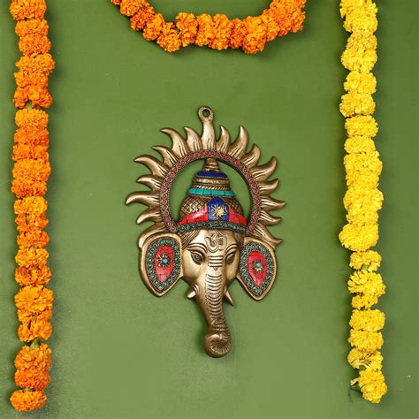 Buy Brass Lord Ganesha Face Wall Hanging with Stonework - 11x7.5 inch ...