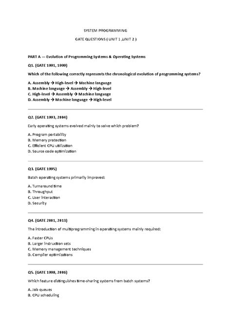 System Programming GATE Questions (Unit 1 & 2) - Part A to F - Studocu