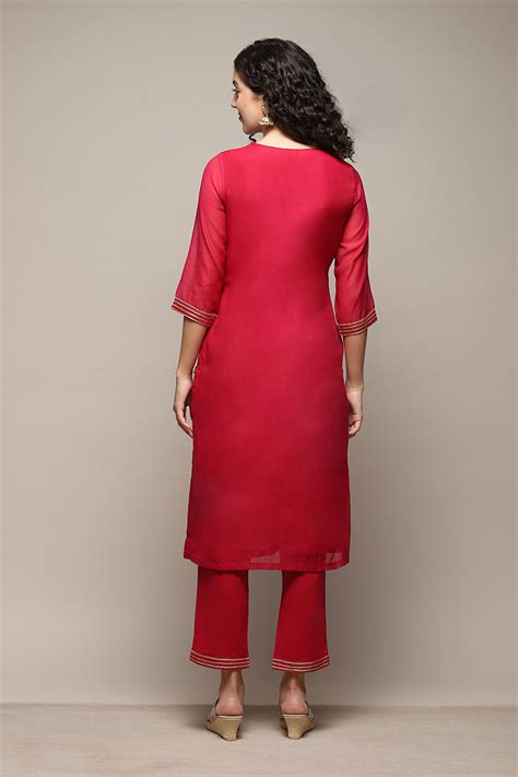 Fuchsia Poly Cotton Straight Kurta Pant Suit Set at Biba India
