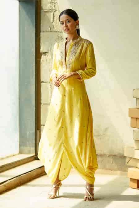Buy Yellow Cotton, Silk Embroidery Mandarin Collar Draped Tunic For ...