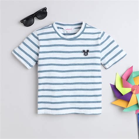 Shop 100% Cotton Striped Half Sleeves Tshirt With Badge Detail-White ...