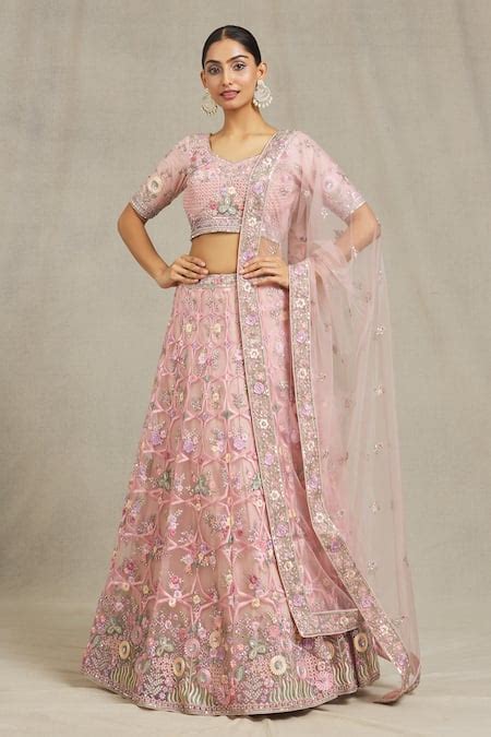 Buy Pink Net, Linen Sequins Asymmetric Floral Jaal Embroidered Bridal ...