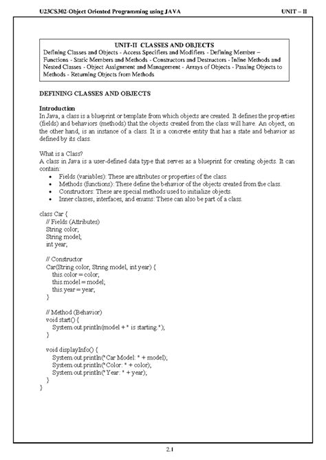 U23CS302 Unit II - Classes and Objects in Java Programming - Studocu