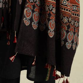 Black Ajrakh Hand Block Print Natural Dyed Cotton Dupatta With Tassels