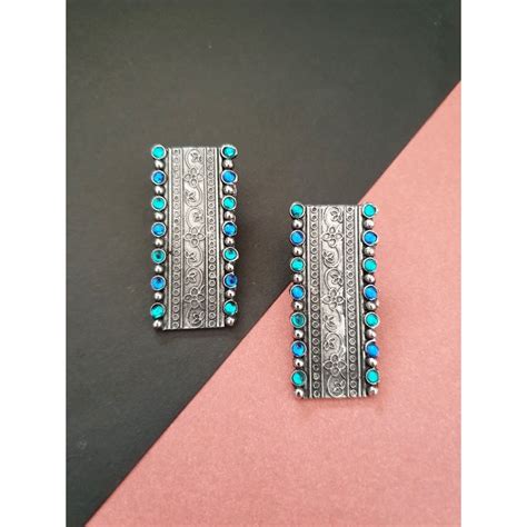 Buy Infuzze Oxidised Silver Toned & Blue Beaded & Textured Rectangular ...