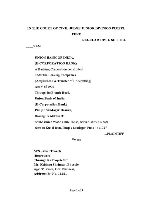 UBI Vs. Savali Travels: Civil Suit for Loan Recovery in Pune - Studocu
