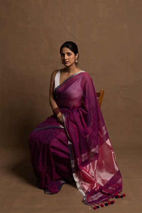 Handloom Purple Cotton Saree With Zari Border – Go Native Retail LLP