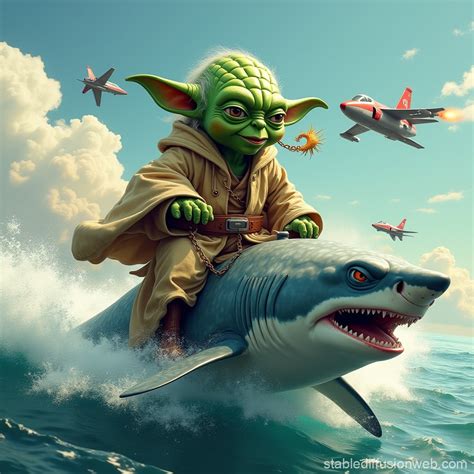 Jamaican Yoda Rides Shark with Jet Chase | Stable Diffusion Online