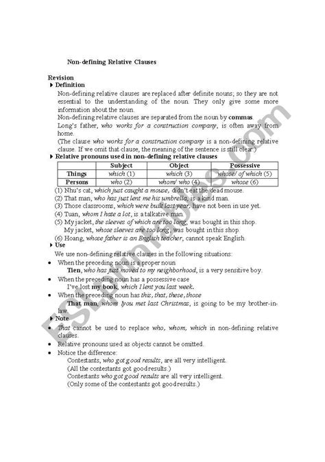Defining and Non Defining Relative Clauses Worksheet 的图像结果