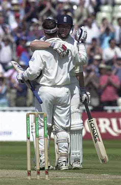 Thorpe and Hoggard embrace after Thorpe reaches his ton at Edgbaston ...